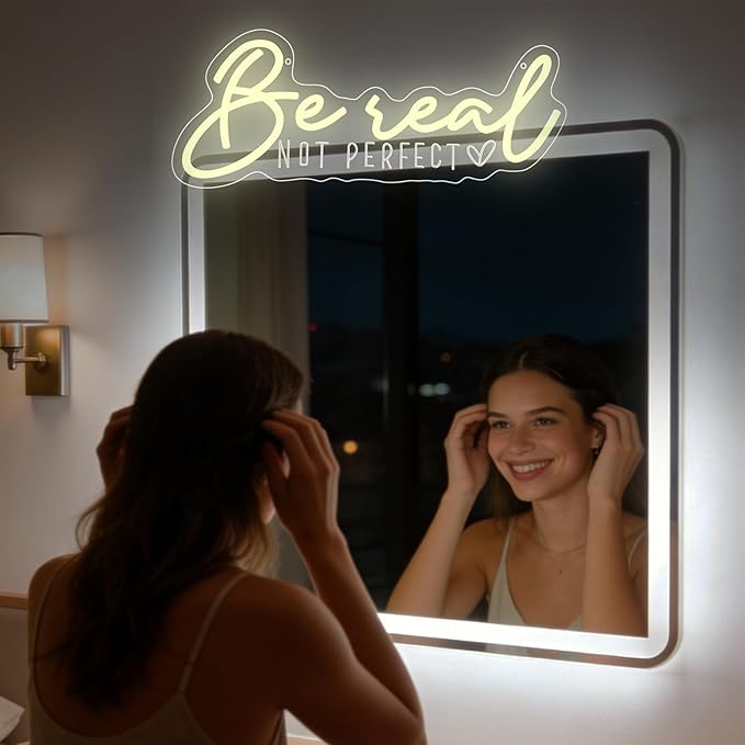 Be Real Not Perfect Neon Sign for Wall Decor,Warm White LED Signs for Living Room Bedroom House Club Party,Be Real Not Perfect Dimmable Neon Light Gifts for Women Men USB Powered（16.5"*6.7"）