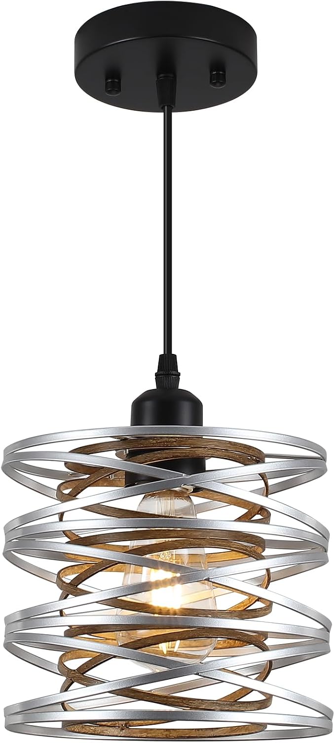 Pendant Lights Kitchen Island, Kitchen Hanging Light Fixtures Wood Grain Metal Lighting for Dining Room Bedroom Bar Office Entryway Hallway, Industrial Silver, 1 Pack