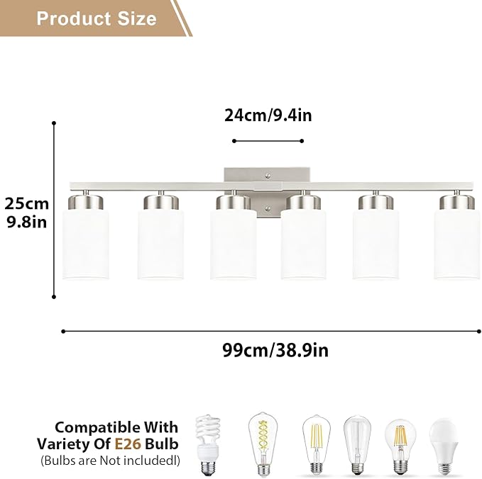 IZORRO Modern Bathroom Light Fixtures, 6 Light Brushed Nickel Vanity Lights, Bathroom Lighting Fixtures Over Mirror with White Glass for Living Room Cabinet Bedroom