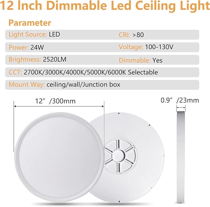 Dimmable 12Inch LED Flush Mount Ceiling Light, 24W, 2520LM, 2700K/3000K/4000K/5000K/6000K CCT Selectable,LED Round Flat Panel Light Dimmable from 5% to 100% for Bedroom,Kitchen,Hallway, White 12PK