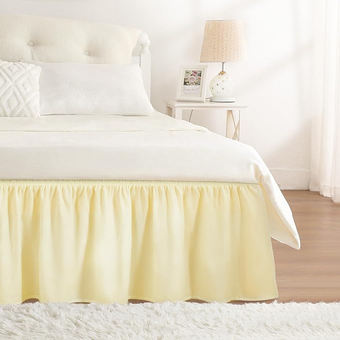 RIMELA Twin Bed Skirt Beige Yellow 12 Inch Drop,Wrap Around Elastic Bed Skirts Twin Size Dust Ruffle,Bedskirt for Adjustable Bed Base Solid Wrinkle and Fade Resistant Silky Fabric Machine Washable