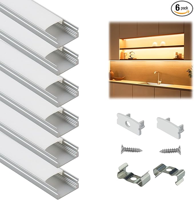 Muzata 6Pack 3.3FT/1M LED Channel Aluminum U Shape Silver LED Strip Diffuser Channel with Milky White Cover Easy Installation U1SW WW 1M