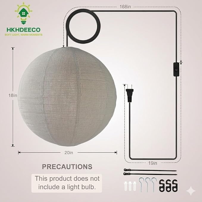 20 Inch Linen Plug in Pendant Light with 191 Inch Cord E26 Socket | Handcrafted, Round Hanging Lamp Shade, Natural, Boho, Japanese Wabi Sabi, Minimalist, Bedroom Living Room