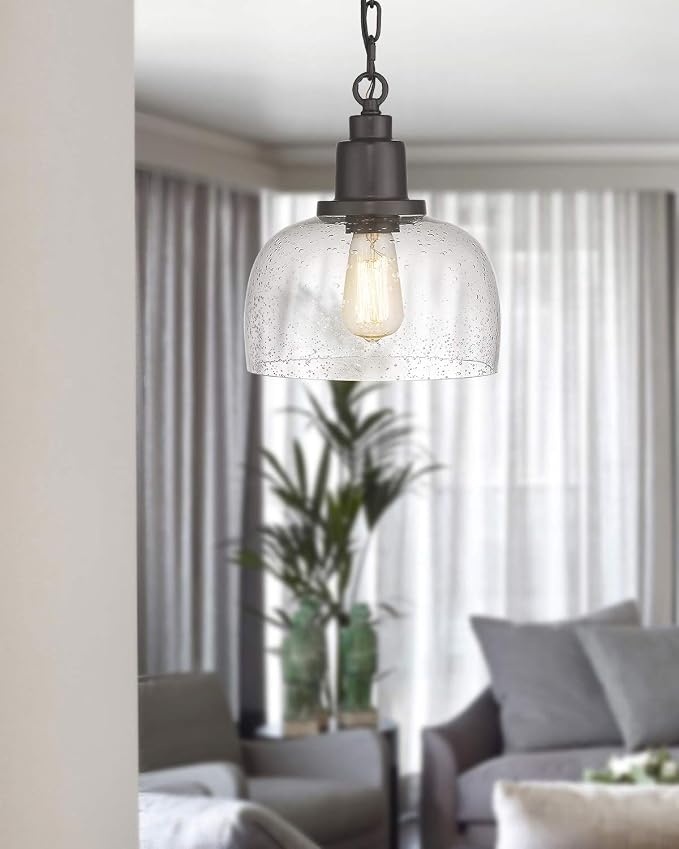 EAPUDUN 1-Pack Farmhouse Pendant Light, 1-Light Industrial Hanging Light Fixture with 9.3" Round Seeded Glass Shade, Dark Bronze Finish, Vintage Ceiling Lighting for Kitchen Island & Dining Room