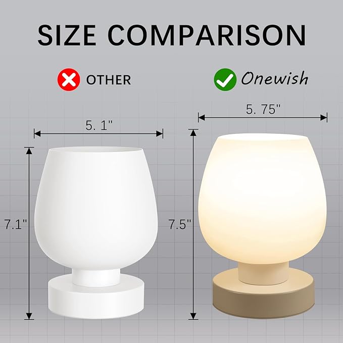 ONEWISH Small Bedside Lamp for Bedroom, 3-Way Dimmable Touch Control, 600 Lumen Bright Opal Glass Shade, 7.5 Inch Ultra Compact Nightstand Lamp, Warm White 2700K LED Bulb Included, Modern Design