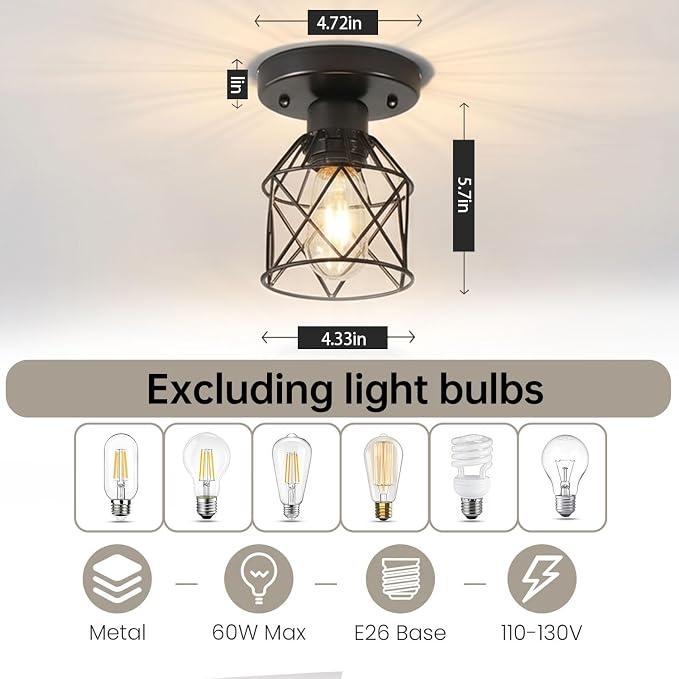 2-Pack Farmhouse Semi Flush Mount Ceiling Light Fixture, E26 Rustic Black Metal Cage Ceiling Lamp for Hallway Porch Kitchen Stairway Bedroom Entryway