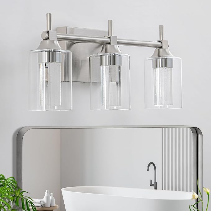 Vanity Light with 3 Color Modes (3000K/4000K/6000K), Eye Protection LED Bathroom Light Fixture, Dimmable Modern Wall Light Over Mirror with Clear Glass Shade (Brushed Nickel, 3-Light)
