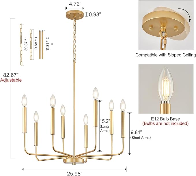 Modern Gold Chandelier for Dining Room,Metal 8-Light Kitchen Light Fixtures, Farmhouse Candle Hanging Pendant Light for Living Room Entryway Foyer Bedroom (Bulbs Not Included)