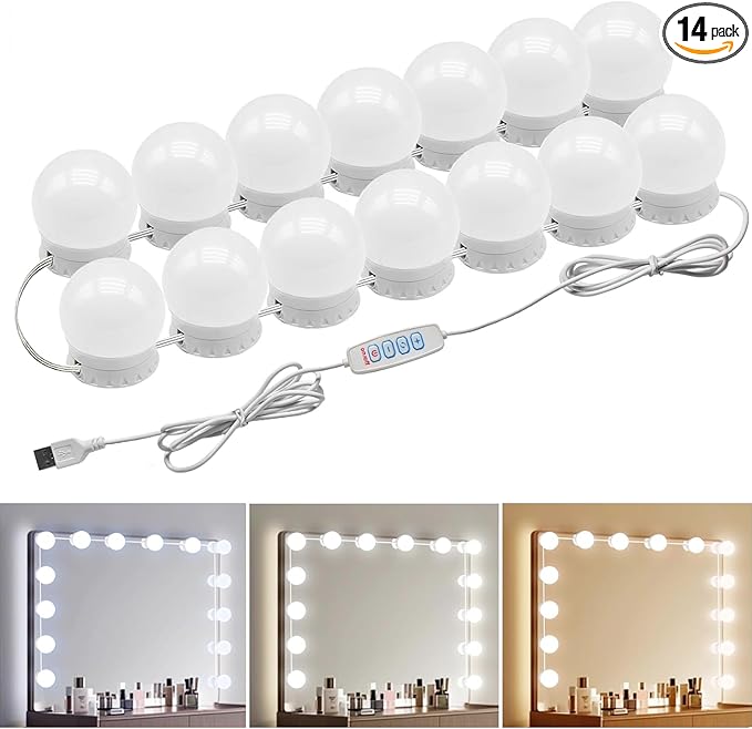 LED Vanity Lights - Adjustable Color Temp & Brightness,14 Dimmable Bulbs for Dressing Mirror Lighting