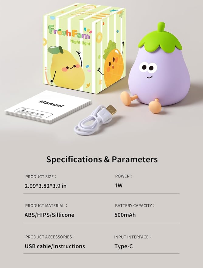 Eggplant Night Light for Kids, Cute Squishy Silicone Lamp, Rechargeable LED Nightlight, 3-Level Dimmable Bedside Lamp for Bedroom Kids Room Decor, Boys and Girls Gifts