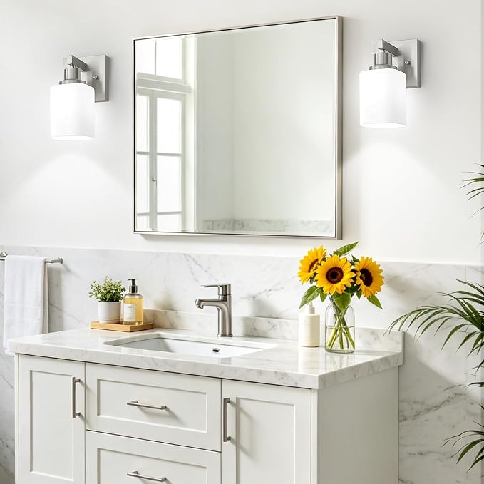 Bathroom Wall Sconces Set of 2,Brushed Nickel Wall Sconce,Vanity Light with Square Frosted Glass Wall Mounted Light Fixture,Farmhouse Wall Lamp for Bedroom Living Room Mirror Hallway