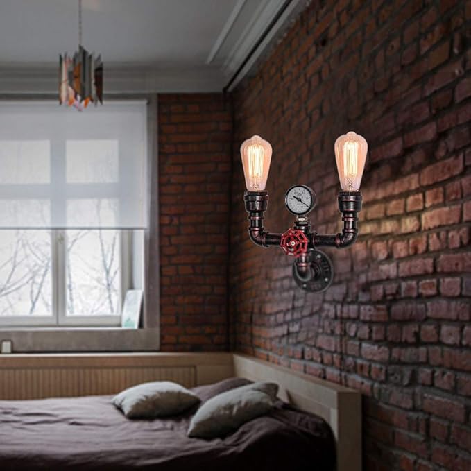 MQ Water Pipe Wall Sconces Lamp, Steampunk Fixtures 2 Lights Wall Mount E26 Socket Vintage Rustic Wall Light for Bathroom Hallway Basement Copper Color