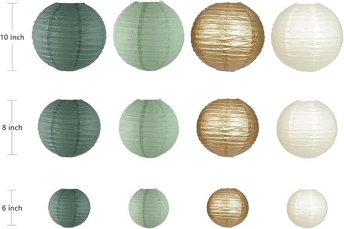 ZOOYOO Sage Green Paper Lanterns Decorative, Forest Green Party Hanging Paper Lanterns Decorations for Bridal Shower Rustic Neutral Boho Birthday Wedding Home Decor Party Decoration 12PCS