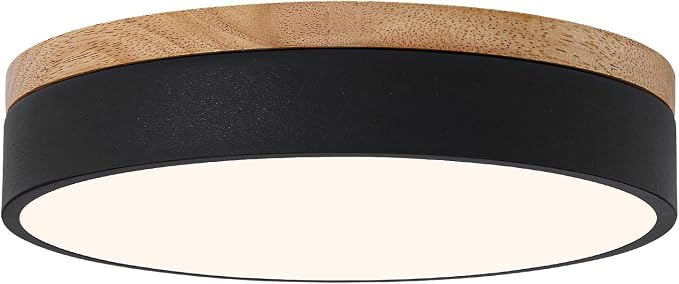 12" Minimalist Black and Wood LED Flush Mount Ceiling Light Fixture | Natural Wood Accent, Integrated LED, 5CCT Before Installation, Slim Low-Profile Design, Minimalist Modern Style, Compact Size