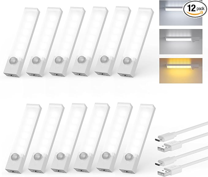Under Cabinet Lights 4-Inch 12-Pack, USB Rechargeable Motion Sensor Light Indoor 3 Colors, Dimmable Closet Lights Battery Operated, Wireless Under Counter Lights for Kitchen, Shelf