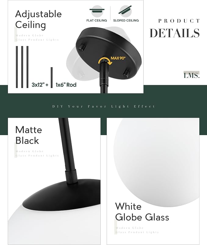 10 Inch Globe Pendant Lights, Matte Black Mid Century Kitchen Island Light Fixtures with White Globe Glass Shade, Adjustable Hanging Rod, Bar Kitchen Bedroom, LMS-186PL-BKW-10