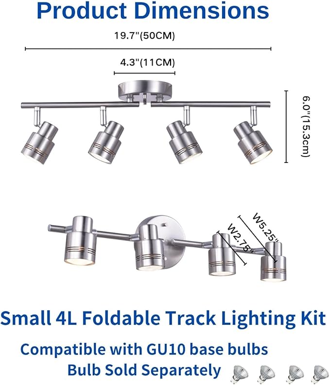4 Light Modern Track Lighting Kit Flexibly Adjustable Bar with Multi-Directional Brushed Nickel Ceiling Spotlight for Kitchen, Bedroom, Living Room,Closet GU10 Not Included