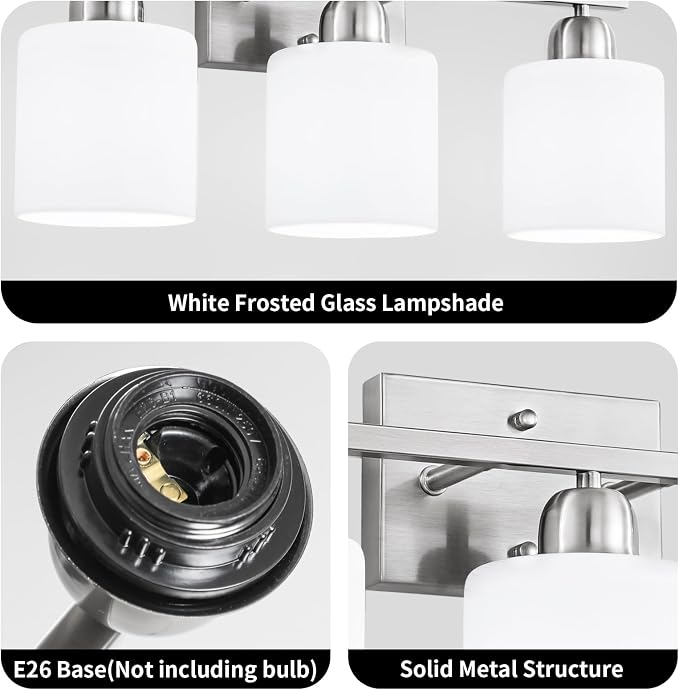 Brushed Nickel Bathroom Light Fixture, Anti-Rust Finish 3 Light Vanity Lights for Bathroom, Bath Lights with Milky White Frosted Glass Shades, E26 Socket