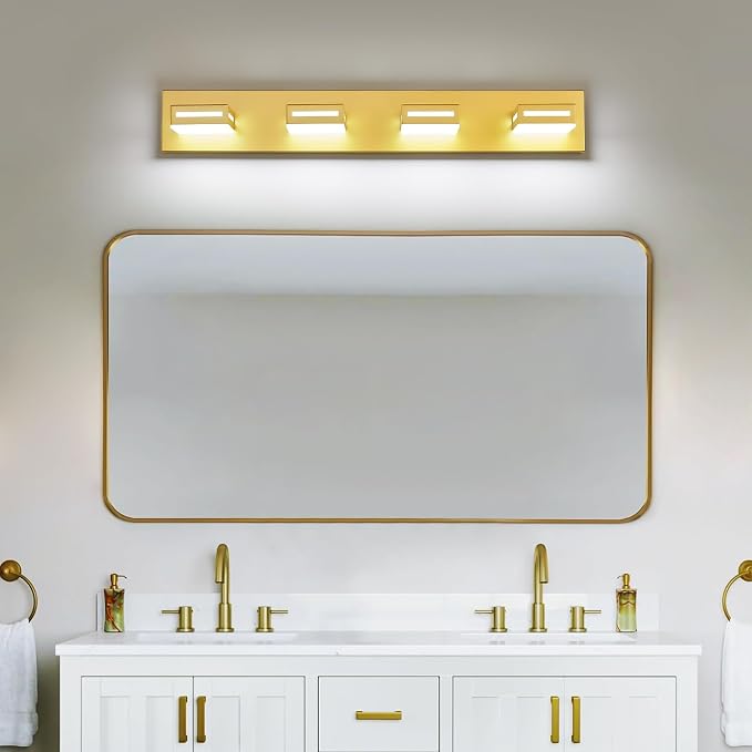 LED Modern Bathroom Light Fixtures, 4-Light 30-Inch Gold Vanity Lights for Bathroom Lighting Fixtures Over Mirror, 6000K Cool White 350° Rotatable Wall Lamp