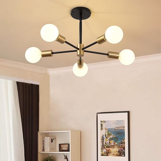 Modern Sputnik Light Fixture,Semi Flush Mount Ceiling Light Black and Gold Mid Century Chandeliers for Bedroom,Dining Room,Kitchen Island,Living Room,Bedroom,Farmhouse