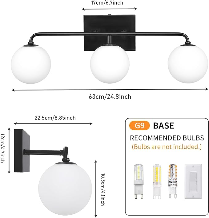 24.8" Black Globe Bathroom Vanity Light, 3-Light Mid Century Light Fixtures Over Mirror, Modern Vanity Lighting with Milk White Glass Shade for Bathroom Bedroom Living Room Hallway