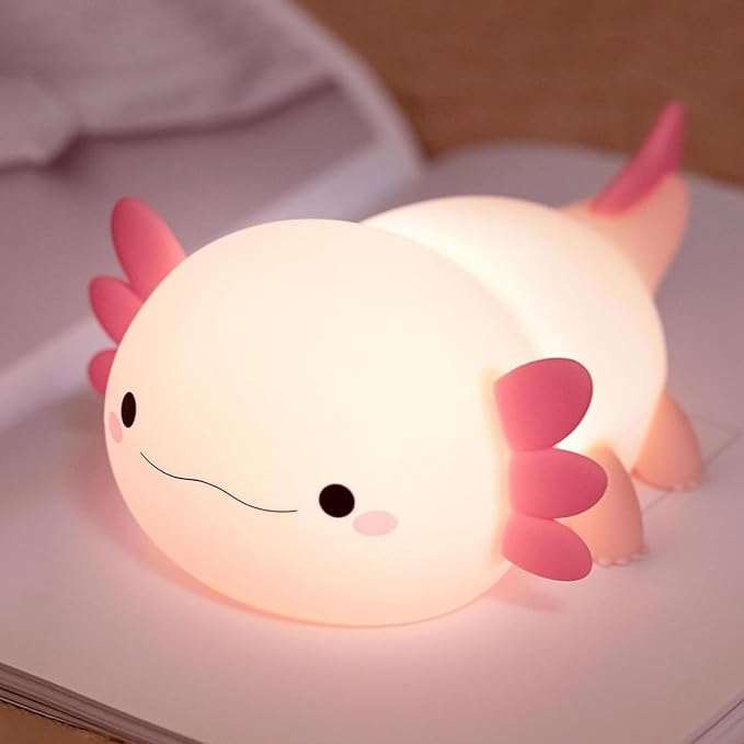 FAMIDUO Pink Axolotl Lamp, Food-Grade Silicone Squishy Night Light for Kids | 2-Level Touch Dimmable ,20-Min Auto-off Timer, Rechargeable Anti-Blue Warm Glow Nursery Bedside Decor, Cute Gifts for Girls