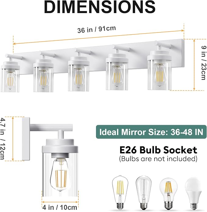 IZORRO Bathroom Vanity Light Fixture, 5-Light 36 Inch White Bathroom Light Fixtures Over Mirror, with Clear Glass Shade, Modern Farmhouse Vanity Lights, Rustic Restroom Lighting Fixtures