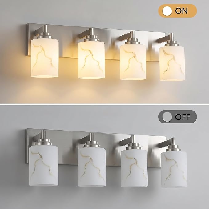 4-Light Bathroom Light Fixture, Brushed Nickel Modern Vanity Light with White Marble Glass Shade, for Bathroom Mirror, Living Room, Bedroom, Hallway, E26 Base, Extended Base