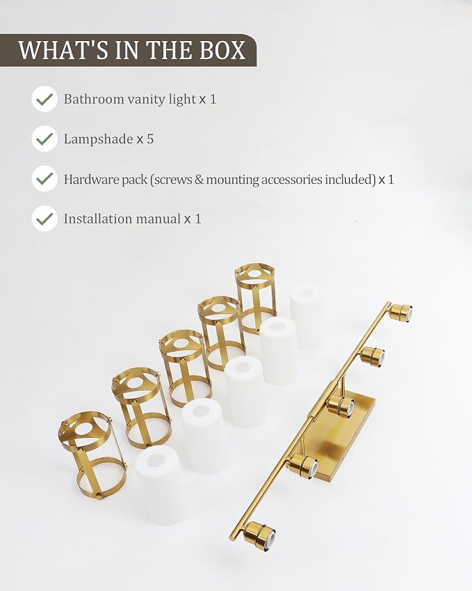 5-Light Brushed Gold Bathroom Light Fixtures Over Mirror with Frosted Milk Glass and Metal Cage Shade, 38" UL-Listed Modern Farmhouse Wall Sconce for Bath, Hardwire E26, OS-3014BGW-5W