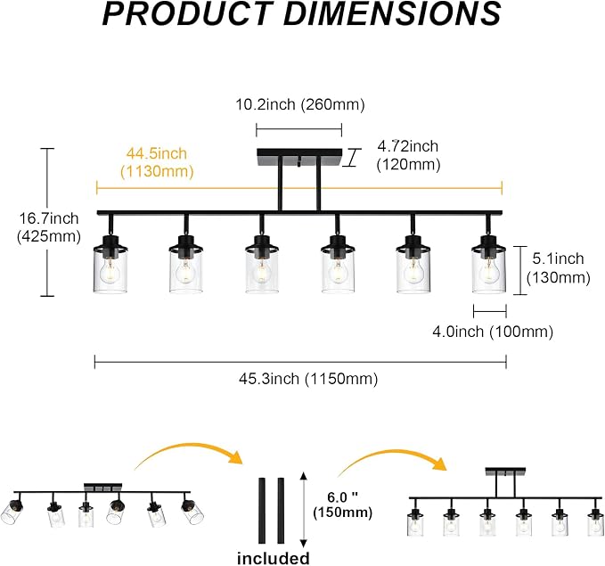 Yaohong 6-Light Track Lighting Kit Black Track Lighting Fixtures, Bathroom Wall Light Ceiling Mount Rotatable Spotlights, Kitchen Ceiling Light Fixtures with Glass Shade for Bathroom Hallway Shop