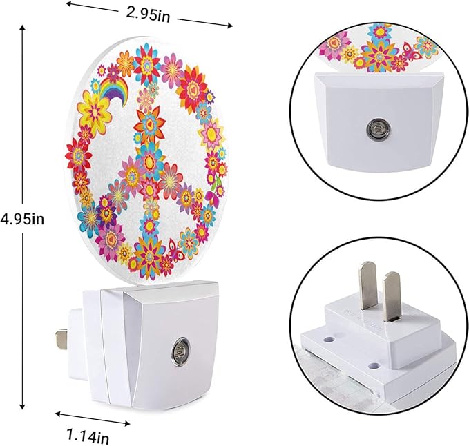 EKOBLA Peace Sign Floral Night Lights Plug into Wall Peace and Love Colorful Flowers LED Dusk to Dawn Plug-in Nightlights Auto Sensor for Home Indoor Bathroom Hallway Kitchen