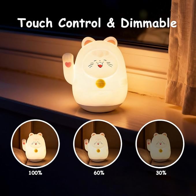 Cute Cat Night Light for Kids, LED Nursery Lamp Dimmable & Rechargeable, Warm Glow for Night Feeding, Nursery & Room Décor Lamp with Gift-Ready Design