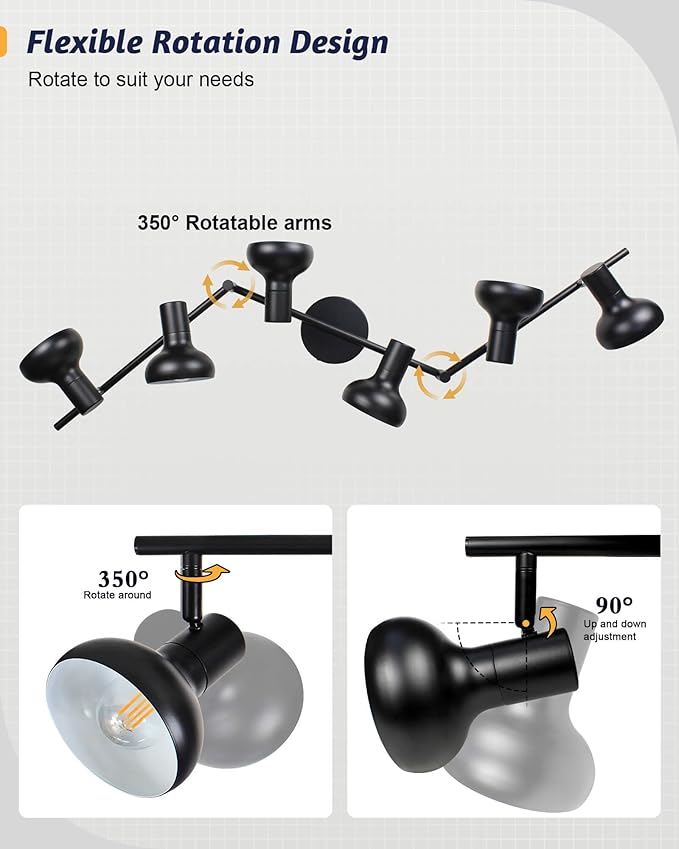 HiBay 6-Light Track Lighting, Directional Rotatable Ceiling Light Fixture, Black Farmhouse Spotlight for Kitchen Living Room Office, E12 Base (Bulbs Not Included)