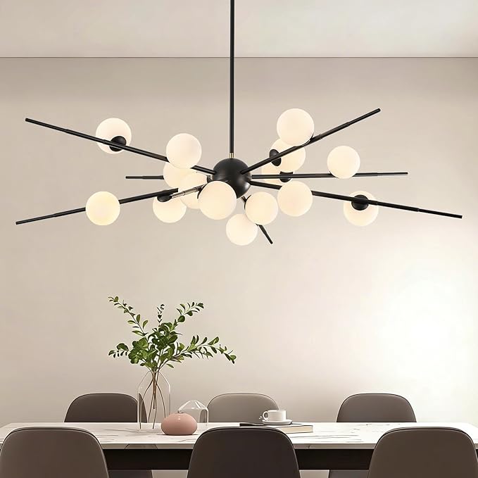 Large Black Sputnik Chandelier 51in 16-Light Frosted Glass Chandelier Light Fixture Mid-Century Modern Molecular Chandeliers for Large Living Room Dining Room Foyer Kitchen Bedroom