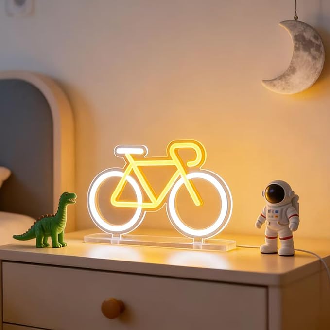 Bicycle Neon Sign Night Light - USB Powered Desk Lamp with 9-Level Brightness, Safe Soft Silicone LED Mood Lighting for Room Decor & Home Decor,Bedroom, Office，Aesthetic Gift for Cyclists & Home Decor Enthusiasts