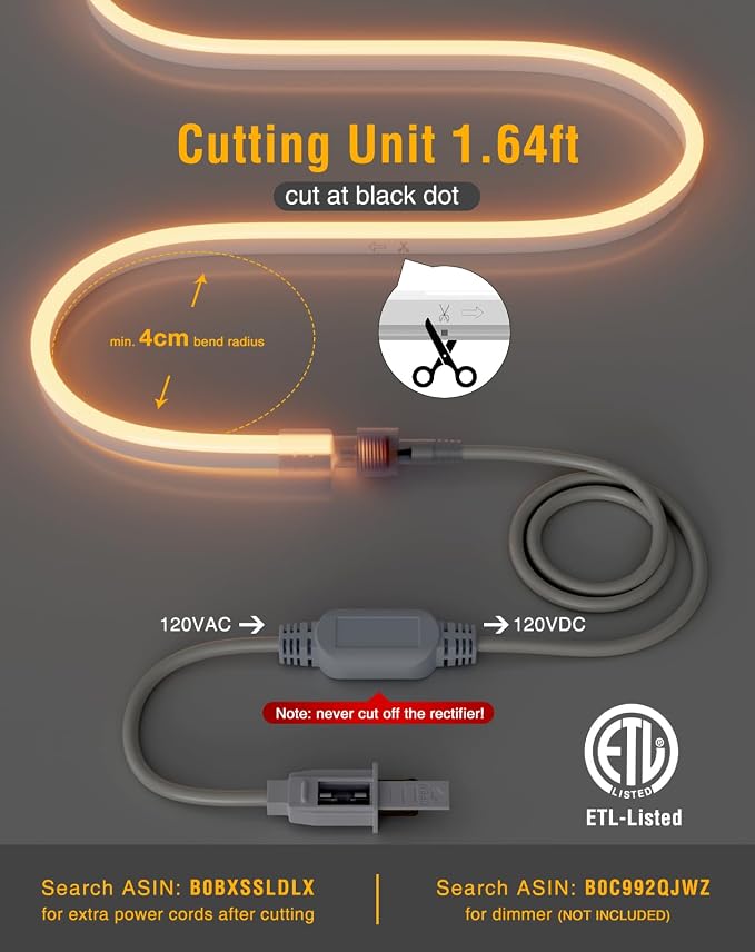 LED Neon Rope Lights 120VAC, 120LEDs/M Lum Strip Lighting End Extendable 2500K Warm White 65ft, Water & Cold Resistant for Outdoor Indoor, 4520LM Bright 8x16mm ETL Listed