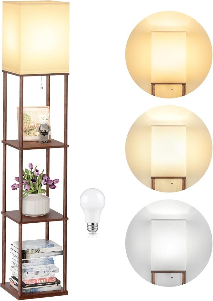 SHINE HAI Floor Lamp with Shelves, 3-Tier Square Modern Shelf Lamp | 3CCT Bright Bulb Included, Tall Standing Lamps for Living Room Bedroom Office