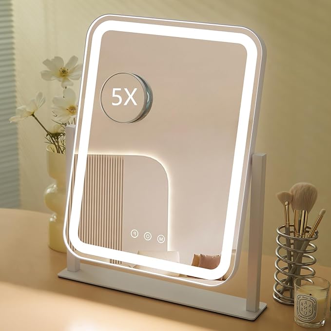 HIEEY Vanity Mirror with Lights, Three Color Lighting Modes, and 5X Magnification Mirror, Smart Touch Control, 360°Rotation (16.73" x 13.38" White,Gift Box)