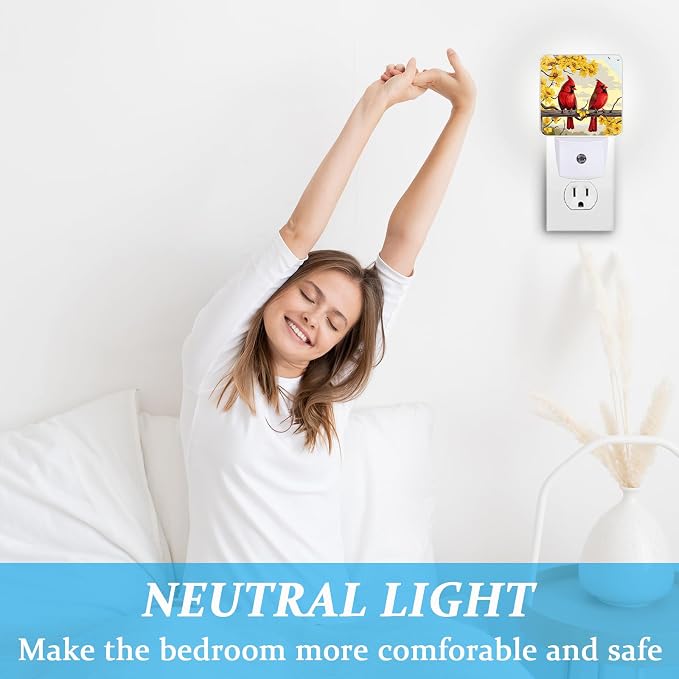 Red Cardinal Night Light, Plug-into Wall Yellow Flower Bird on Branch Nightlight Lamp with Dusk to Dawn Sensor, Led Lamp 0.5W Energy Efficient for Boys Girls Adults Home Decor