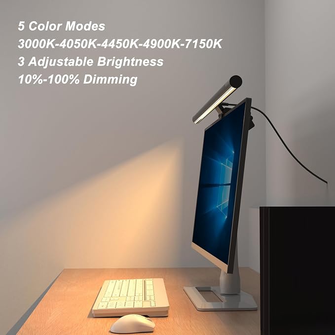 Monitor Light Bar Eye Caring USB Powered Computer Screen Light with 5 Color Temperatures & 3 Dimming Levels, Adjustable Clip for Flat and Curved Monitors up to 2 Inches (300SA)