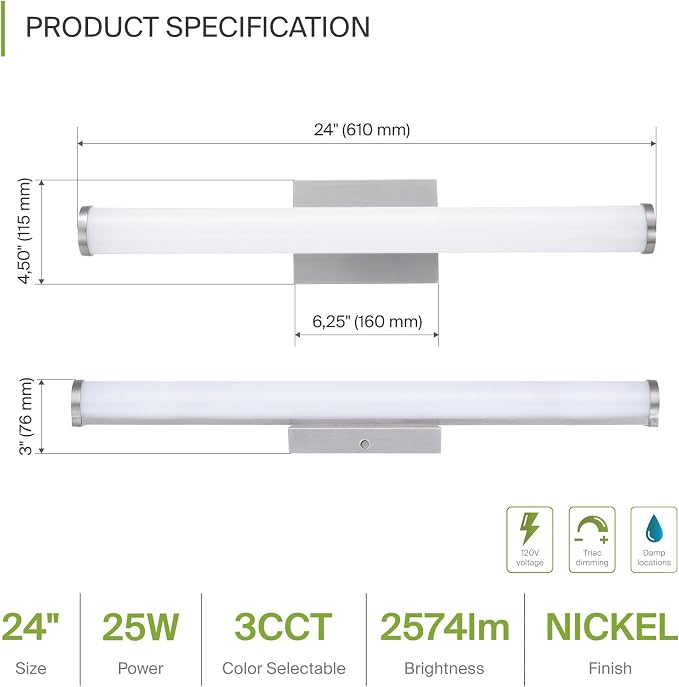 ASD 24" LED Linear Vanity Light Fixture, Modern Bathroom Sconce — 3 Color 3000K-5000K, Dimmable, 25W 1750LM, Energy Star & ETL Listed — Over Mirror Makeup Slim Bar for Bedroom, Cabinets — Nickel