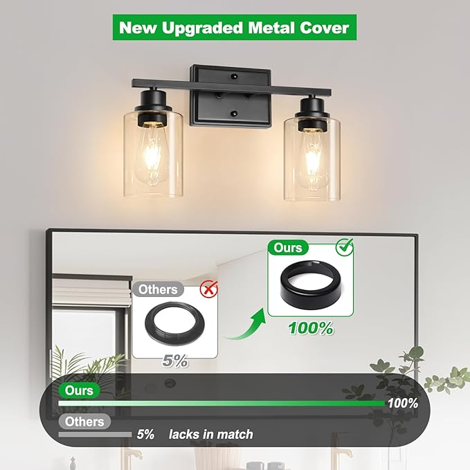 Unicozin 2 Light Bathroom Light Fixtures, Modern Vanity Lights Over Mirror, Black Wall Lamp with Clear Glass for Living Room Cabinet Bedroom Porch