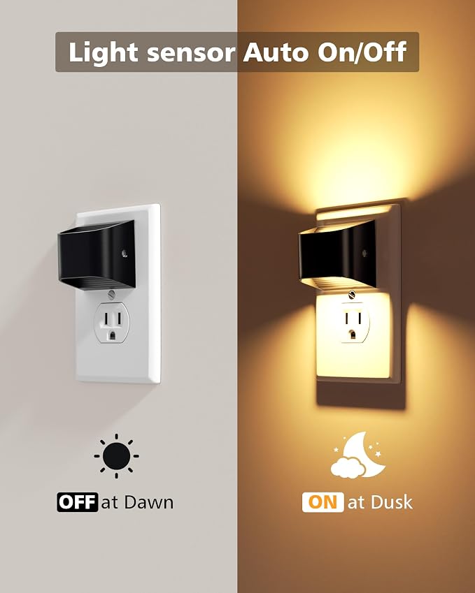 VOLISUN Night Lights Plug into Wall, 6 Pack Up and Down LED Night Light with Dusk to Dawn Light Sensor, 3000K Warm White Nightlight for Hallway, Bedroom, Bathroom, Kitchen Black
