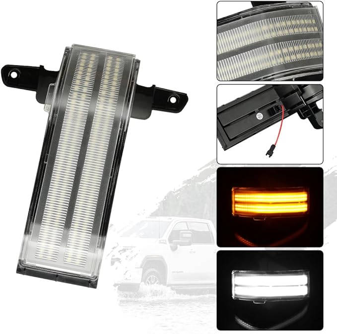 ROCCS Flashing Turn Signal Lights White DRL LED Side Tow Mirror Marker Light competible with Chevy Silverado GMC Sierra 2014–2019 OEM ONLY, Clear Lens
