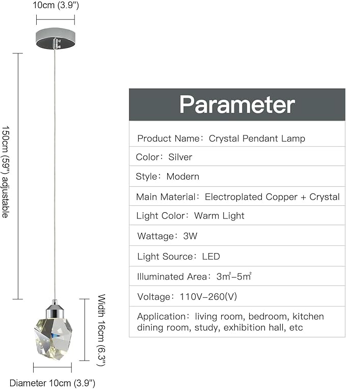 Modern Crystal Pendant Light, 3-Color LED Crystal Pendant Light, Adjustable Height Silver Ceiling Hanging Pendant Lamp, for Bedroom Dining Room Kitchen Island Decor Lighting (Silver)