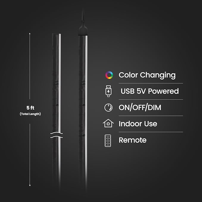 Feit Electric Ultrathin Smart Chasing Color LED Light Strip, 5FT USB Powered, App & Remote Control, Dynamic Multicolor Effects, Compatible with Alexa & Google Home, TAPE60TCOB/RGBUSB/AG