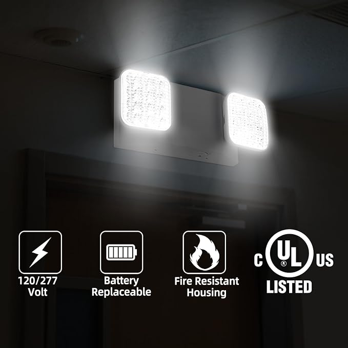 Emergency Light, LED Emergency Lighting with Battery Backup, 2 Adjustable Heads, Commercial Emergency Lights Combo for Business, 120V/277V AC, UL Listed, 6 Pack
