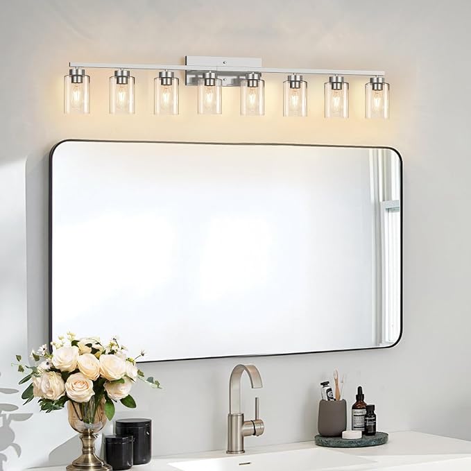 IZORRO Modern Bathroom Light Fixtures, 8 Light Brushed Nickel Vanity Lights, Bathroom Lighting Fixtures Over Mirror with Clear Glass for Living Room Cabinet Bedroom