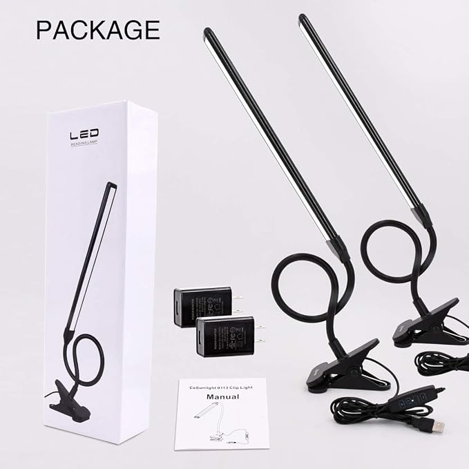 Clamp on Lamp, Clip Light, Desk Lamps 3 Color Temperature Setting, 10 Brightness Levels, 2m USB Cord Power Supply and AC Adapter Included, Pack of 2 (Black)