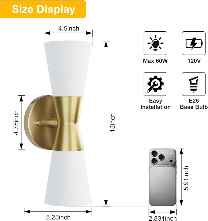 Bathroom Wall Sconce, Modern Indoor Vanity Light Fixtures, Up Down Lighting, Wall Mount Lamp for Living Room Bedroom Hallway Stairway Fireplace Mirror E26 Base (White & Gold - 1pack, 13inch)